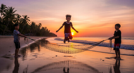 Children playing jump rope on a beach at sunset with palm trees and ocean