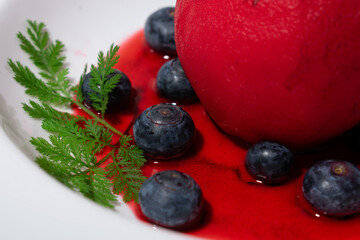 pear in red wine with blueberries