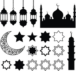 Set of islamic muslim line icon design black outline vector icons isolated against the white background arabic mark vector illustration.%09
