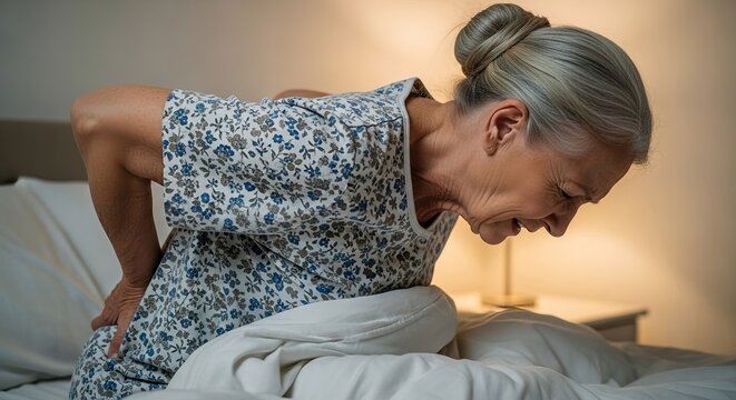 Elderly woman experiences back pain while sitting in bed during morning hours - Powered by Adobe