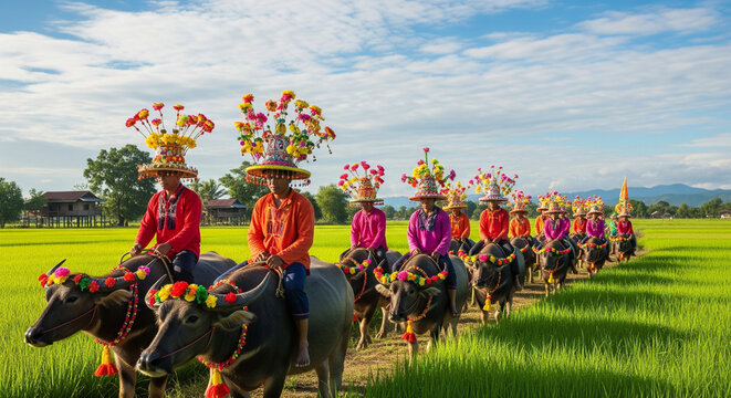 Thai Buffalo Parade Festival with Decorated Animals and Colorful Flowers in Rice Field