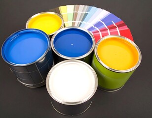 Paint cans in a variety of colors, with a color chart