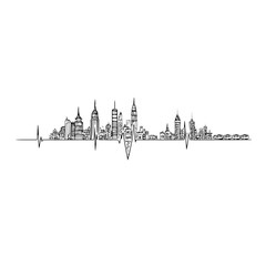Obraz premium City skyline silhouette with an electrocardiogram line running through the buildings and structures art