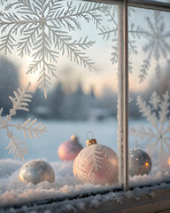 Snowy frosted glass texture with blurred baubles in background, dreamy holiday card