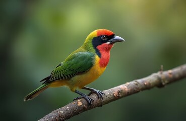 Fototapeta premium Coppersmith barbet bird, vibrant plumage, perched on tree branch. Small avian species, red, yellow, green colors. Wild fauna in Asian jungle, natural environment. Birdwatching, ornithology subject.