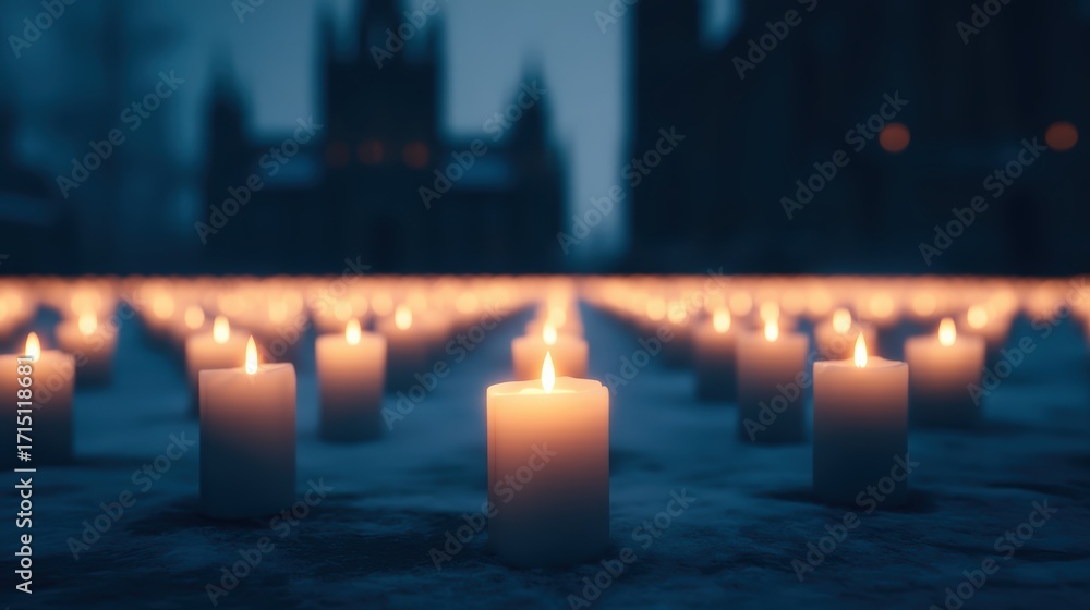 Poster a serene night scene featuring numerous lit candles lining a path, creating a tranquil atmosphere ag