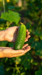 Fresh cucumber held in hands