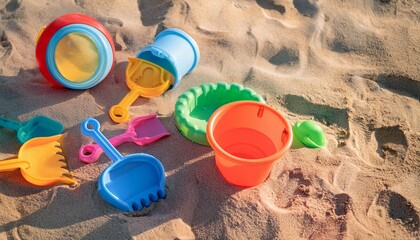 Colorful Sand Toys At The Beach Playful Scene Outdoor Environment Captured From Above