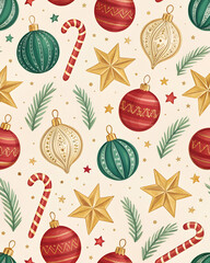 Seamless pattern of baubles, stars and candy canes in red, green and gold, festive wrapping design