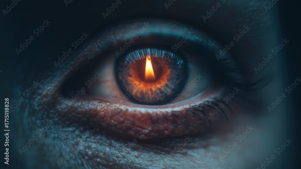 Poster a close-up of an eye with a glowing flame reflected in the iris, creating a striking and intense vis