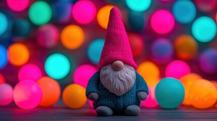 A colorful gnome figurine stands in front of vibrant, blurred lights, creating a whimsical and festive atmosphere.