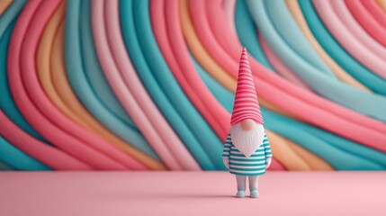A whimsical gnome figurine stands against a colorful, wavy background, creating a playful and vibrant atmosphere.