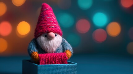 A whimsical gnome in a cozy setting, knitting a red scarf against a backdrop of colorful, blurred lights.