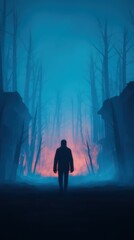 A silhouetted figure walks through a misty forest, flanked by dark trees and an ethereal glow in the background, creating a mysterious atmosphere.