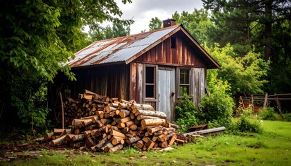 Rustic wooden shed in a wooded area