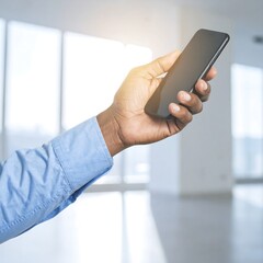 Person holding smartphone in modern office