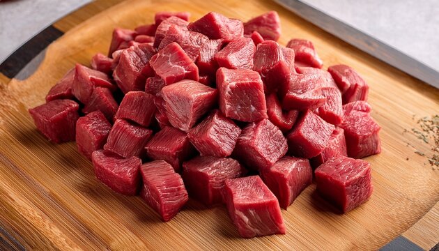 Raw Fresh Beef Or Lamb Cubes Diced Red Beef Meat On A Wood Serving Board Raw Casserole Or Stewing Beef Diced Close Up