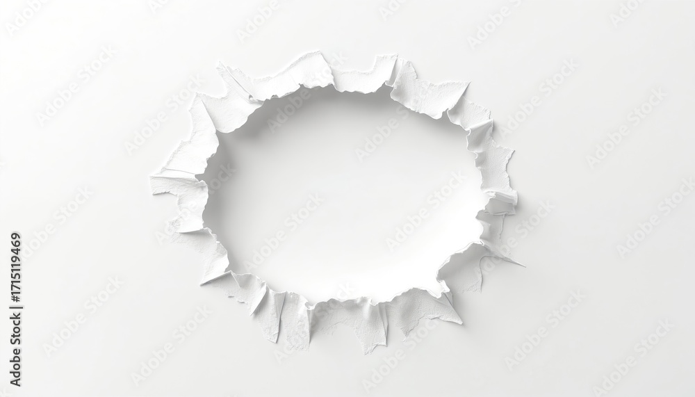 Poster torn paper circle clean white background. rough, uneven edges create abstract hole shape. minimalist