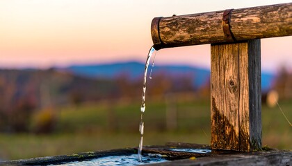 Rustic wooden water fountain at sunset