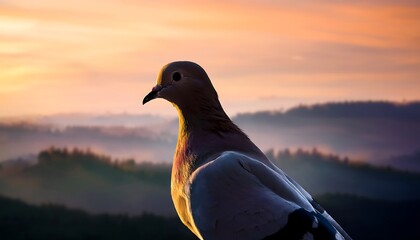 A peaceful dove perched on a branch against a warm, golden sunrise sky, showcasing its delicate features and serene presence