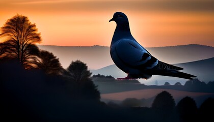 A lone pigeon stands in sharp silhouette, beautifully framed against a breathtaking warm sunset over a serene, rolling hilly landscape, highlighting natural tranquility