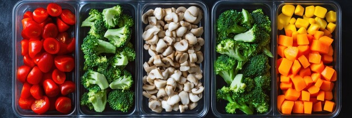 Colorful selection of fresh vegetables displayed in containers ready for meal prep or healthy eating on a black countertop in modern kitchen