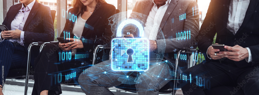 Poster cyber security protects against breaches, hacks, and network attacks using strong infrastructure and