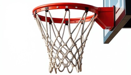 Close-up basketball hoop with bright red rim and white net. Metal hoop structure attached to backboard. Ball goal for court sport, scoring, and team competition.