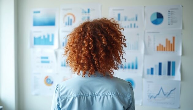 Woman with curly red hair analyzes data charts on wall. Business strategy, planning, and performance review. Focus on statistics, growth, and decision making in corporate environment.