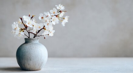 A muted grey vase holds delicate white blossoms