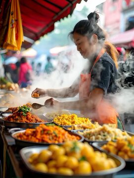Street vendor preparing traditional food in outdoor market, steam rising, vibrant colors, vertical video
