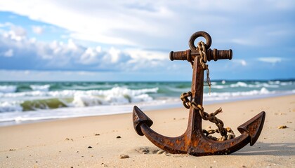 Rusty anchor on a sandy beach