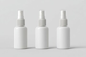 Three identical, blank, white spray bottles, arranged horizontally on a light gray surface.  Each bottle has a clear plastic spray top and a light gray ribbed section