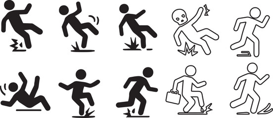  Slip and fall vector icon set with impact lines symbolizing slips accidents workplace safety and hazards