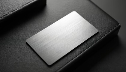 Sleek blank metal card mockup rests on premium black leather backdrop. Brushed metallic surface offers smooth, soft, polished finish. Clean, modern, stylish design exudes elegance, luxury,