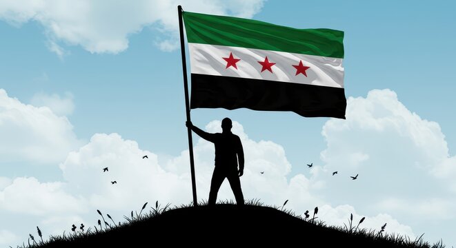 Syrian Flag Bearer: A silhouette of a figure proudly raises the flag of Syria against a backdrop of a vibrant sky, embodying themes of nationalism, patriotism, and cultural identity.