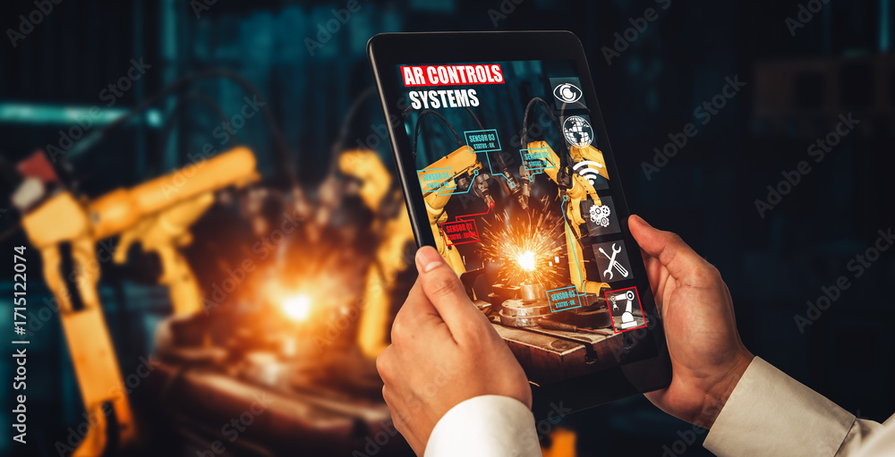 Poster engineer controls robotic arms by augmented reality industry technology application software. smart 