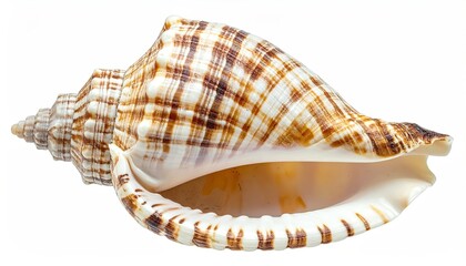 A large, spiral seashell with a cream base and intricate brown and tan striped pattern, partially open, isolated on a white background