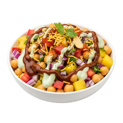 White bowl of chaat with chickpeas tomatoes onions and sauces