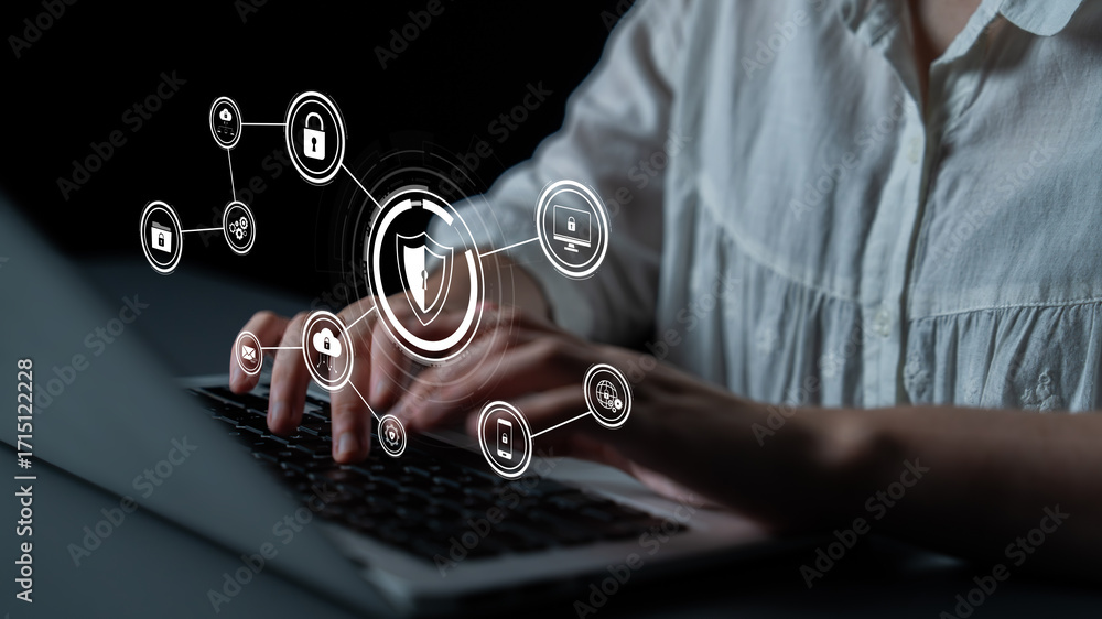 Poster cyber security protects against breaches, hacks, and network attacks using strong infrastructure and