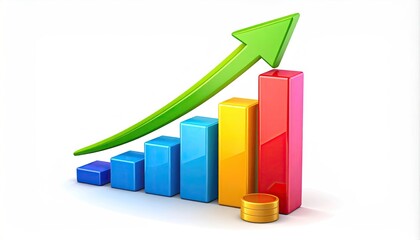 A vibrant bar graph showcasing upward growth, symbolized by a green arrow, with gold coins at its base, indicating financial success and progress