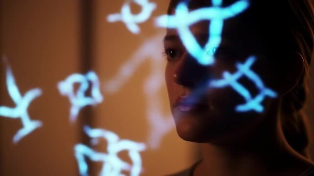 Woman Engaged in Thoughtful Reflection, Futuristic Symbols Projected, Intimate Setting, Emotional Depth, Close-Up Perspective, Conceptual Imagination
