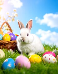 Fluffy white Easter bunny in a meadow