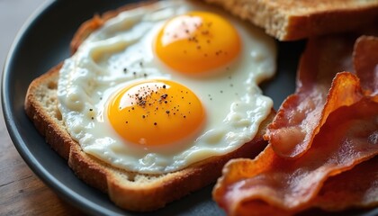 Classic American breakfast featuring two fried eggs with cracked black pepper on toast, served alongside crispy bacon strips. Hearty, protein-rich meal perfect for brunch or a weekend start.