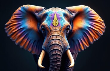 Close-up portrait of elephant head with ethnic painting, feathers. Vibrant colors like blue, orange, purple adorn face, ears. Intricate tribal patterns, golden feather symbol on forehead.