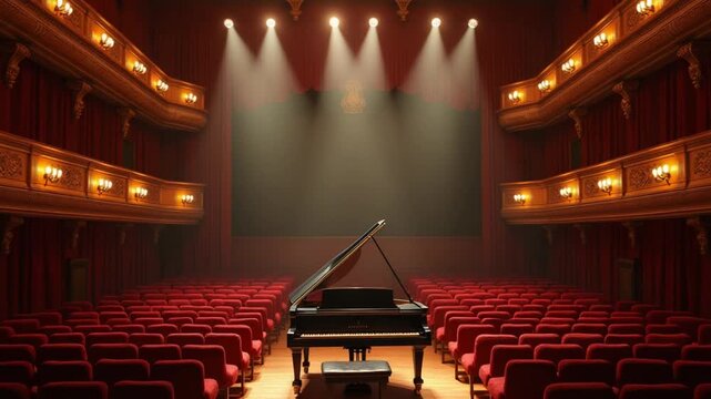 CGI An old opera house prepared for a musical rehearsal with grand piano setup
