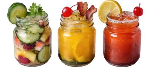 High quality photo of three colorful fruity drinks in mason jars with garnishes isolated on transparent background