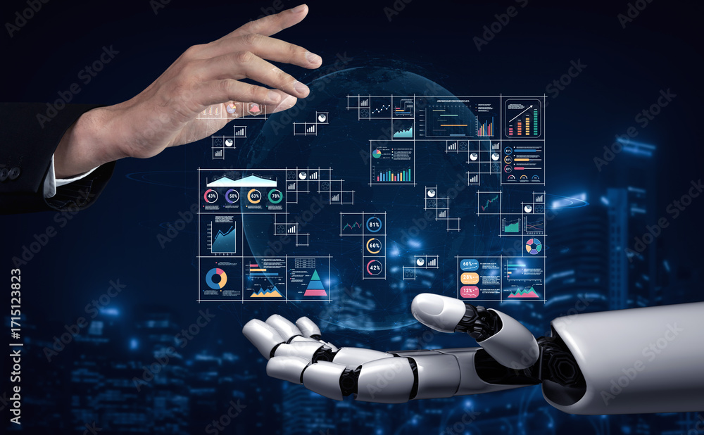 Poster an ai powered big data visualization and business analytics grid. a complex collection of ai charts 