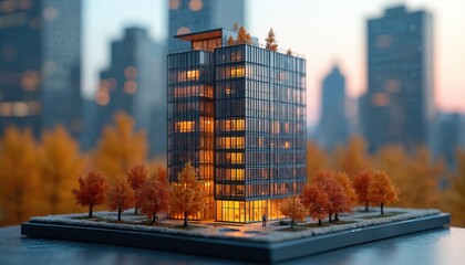 Modern city building architectural model at dusk. Miniature skyscraper with illuminated windows, surrounded by autumn trees with orange leaves. Steel, concrete, glass facade. Urban landscape, real