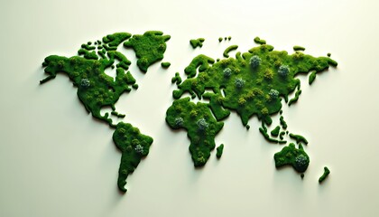 World map rendered as rich green foliage, continents covered in trees, plant life. Illustration visually represents global sustainability, eco-friendly concepts, environmental consciousness.